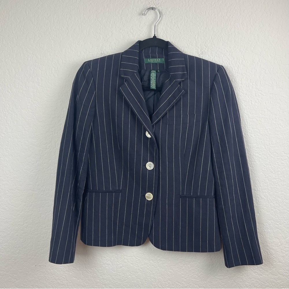 Lauren Ralph Lauren Women's Navy Pinstripe Linen Blazer Sz 6P - Picture 3 of 11
